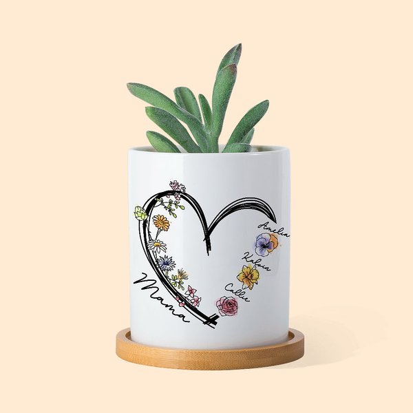 Personalisierte Herz Aquarell Geburt Blumen Keramik Pflanzentopf mit 1-6 Namen und Bambus Basis Mutter Geburtstag Geschenk für Mama Oma