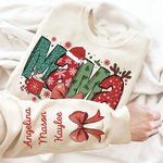 Personalisierte Weihnachten Thema Santa Hut Coquette Bogen Schneeflocke Mama Sweatshirt Hoodie mit 1-6 Namen Weihnachtsfest Geschenk für Mama