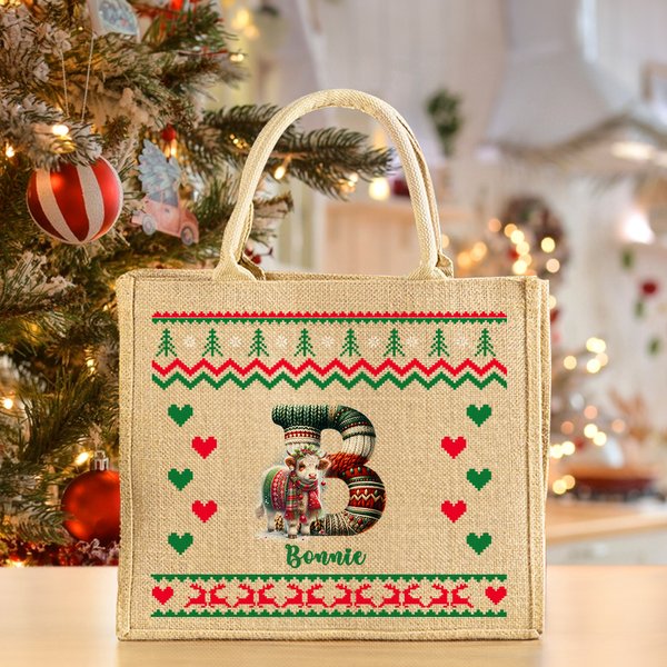 Personalised Cute Knitted Design Sweater Animal Jute Tote Bag with Name and Initial Birthday Christmas Gift for Family Friends