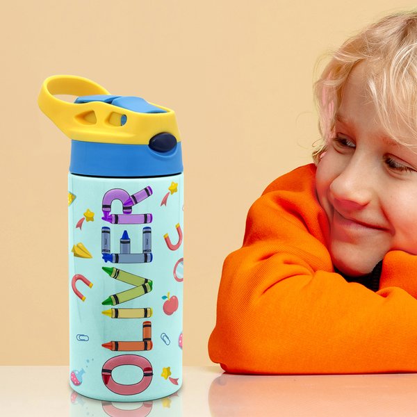 Botella de agua para niños de 12 oz con pajita de silicona y tapa antiderrame Personalizada con nombre en crayón multicolor Accesorios para la vuelta 