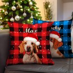 Personalized Colorful Plaid Snowflake Cat Dog Santa Hat Photo Throw Pillow Cover with Name Home Decor Christmas Birthday Gift for Pet Owners