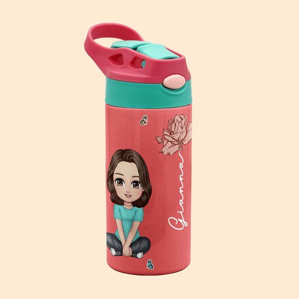 Botella de agua personalizada con nombre, simpático personaje de dibujos animados, 12 oz, con pajita y tapa de botón Regalo del Día del Niño para la v