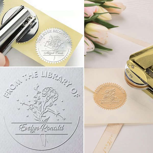 Personalized Star Sign Birth Flower Embosser Stamp Hand Held Embosser Set with Text and Name Birthday Gift for Book Lovers