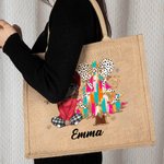 Personalized Glitter Dalmatian Dots Colorful Christmas Tree Cartoon Jute Tote Bag with Name Christmas Festival Gift for Women Girls