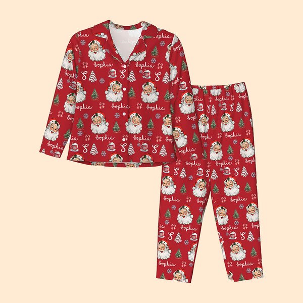 Pigiama a maniche lunghe personalizzato con nome e iniziali, con fiocchi di neve di Babbo Natale, morbido e delicato regalo di Natale per le donne.