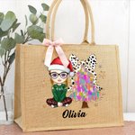 Personalized Glitter Dalmatian Dots Colorful Christmas Tree Cartoon Jute Tote Bag with Name Christmas Festival Gift for Women Girls