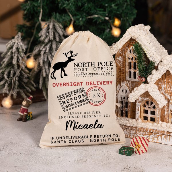Timbro postale personalizzato Alce Santa Sack Coulisse riutilizzabile trattare borsa con nome festa di Natale favori regalo per amico famiglia bambini