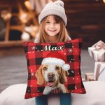 Personalized Colorful Plaid Snowflake Cat Dog Santa Hat Photo Throw Pillow Cover with Name Home Decor Christmas Birthday Gift for Pet Owners