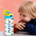 Bouteille Multicolore 350ml Personnalisée avec Nom Motif Dinosaure Lapin Fleur Couvercle Étanche Cadeau Anniversaire Rentrée de l'École pour Enfant