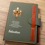 Croce floreale personalizzata Versetto biblico A5 foderato in pelle Taccuino di preghiera Set di penne in legno con nome Chiesa Regalo di Natale per i