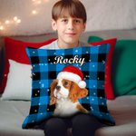 Personalized Colorful Plaid Snowflake Cat Dog Santa Hat Photo Throw Pillow Cover with Name Home Decor Christmas Birthday Gift for Pet Owners
