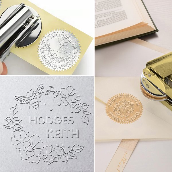 Personalised Bee Floral Design Laser Engraved Book Embosser Library Stamp with Text Hand Held Set Birthday Gift for Bookworm Book Lovers