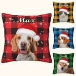 Personalized Colorful Plaid Snowflake Cat Dog Santa Hat Photo Throw Pillow Cover with Name Home Decor Christmas Birthday Gift for Pet Owners
