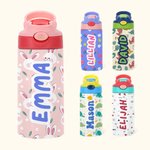 Bouteille Multicolore 350ml Personnalisée avec Nom Motif Dinosaure Lapin Fleur Couvercle Étanche Cadeau Anniversaire Rentrée de l'École pour Enfant