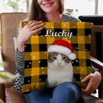 Personalized Colorful Plaid Snowflake Cat Dog Santa Hat Photo Throw Pillow Cover with Name Home Decor Christmas Birthday Gift for Pet Owners