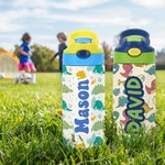 Bouteille Multicolore 350ml Personnalisée avec Nom Motif Dinosaure Lapin Fleur Couvercle Étanche Cadeau Anniversaire Rentrée de l'École pour Enfant