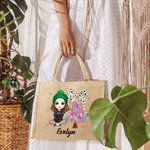 Personalized Glitter Dalmatian Dots Colorful Christmas Tree Cartoon Jute Tote Bag with Name Christmas Festival Gift for Women Girls