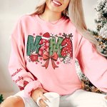 Personalisierte Weihnachten Thema Santa Hut Coquette Bogen Schneeflocke Mama Sweatshirt Hoodie mit 1-6 Namen Weihnachtsfest Geschenk für Mama
