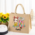 Personalized Glitter Dalmatian Dots Colorful Christmas Tree Cartoon Jute Tote Bag with Name Christmas Festival Gift for Women Girls