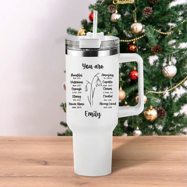 Personalized Birth Flower Bible Verse 40oz Insulated Tumbler with Name and Straw Christian Christmas Gift for Women