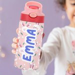 Bouteille Multicolore 350ml Personnalisée avec Nom Motif Dinosaure Lapin Fleur Couvercle Étanche Cadeau Anniversaire Rentrée de l'École pour Enfant