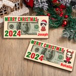 Personalized Merry Christmas Cute Cartoon Character Wooden Money Holder with Name Holiday Party Favors Gift for Kids Family
