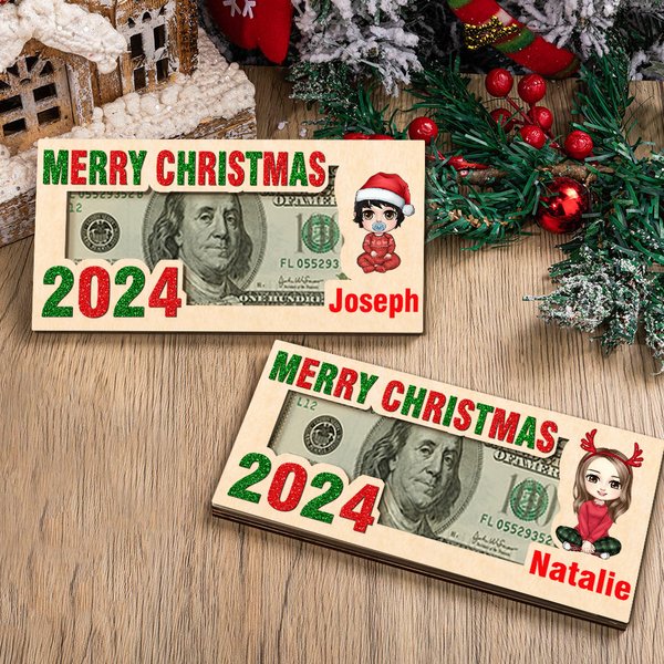 Personalized Merry Christmas Cute Cartoon Character Wooden Money Holder with Name Holiday Party Favors Gift for Kids Family