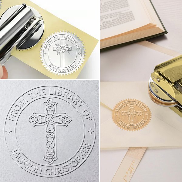 Personalized Religious Cross Book Embosser Stamp with Text Hand Held Set Baptism Confirmation Gift for Christians Book Lovers