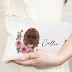 Personalized Multicolour Birth Flower Cartoon Character with Name Makeup Bag Travel Essentials Gift for Women Girls
