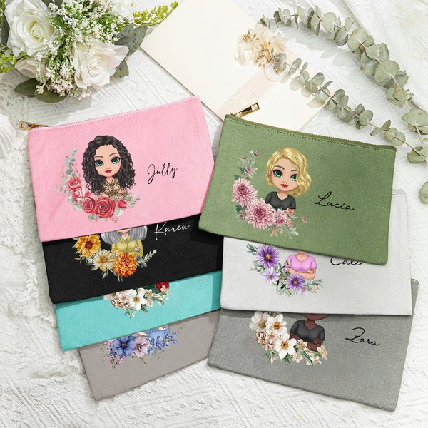 Personalized Multicolour Birth Flower Cartoon Character with Name Makeup Bag Travel Essentials Gift for Women Girls