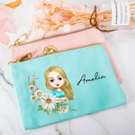 Personalized Multicolour Birth Flower Cartoon Character with Name Makeup Bag Travel Essentials Gift for Women Girls