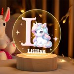 Personalisiertes Fantasie Einhorn LED-Nachtlicht mit Initiale Namen Holz Basis Geburtstag Babyparty Geschenk für Mädchen