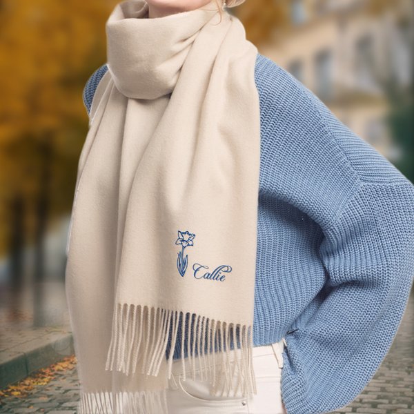 Personalised Super Soft Warm Scarf with Embroidered Birth Flower and Text Fashion