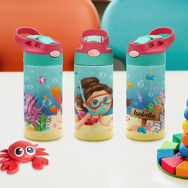 Botella de agua con nombre para niños, personalizada, de acero inoxidable, con pajita de silicona Accesorio de playa Regalo para niños