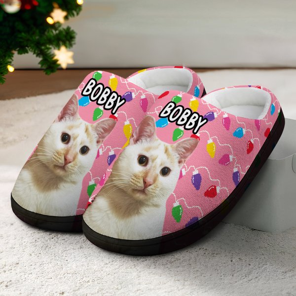 Personalizzato luce stringa cane gatto foto cotone peluche pantofole casa scarpe con nome regalo di compleanno per l'amante degli animali domestici