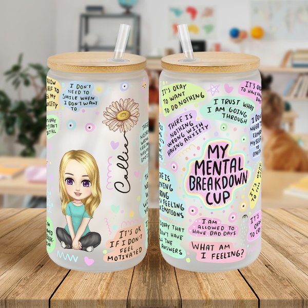 Spersonalizowany kubek z imieniem i nazwiskiem My Mental Breakdown Cartoon Characters 20oz z bambusową pokrywką i słomką Prezent urodzinowy dla przyjaciela rodziny