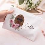 Personalized Multicolour Birth Flower Cartoon Character with Name Makeup Bag Travel Essentials Gift for Women Girls