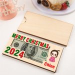 Personalized Merry Christmas Cute Cartoon Character Wooden Money Holder with Name Holiday Party Favors Gift for Kids Family