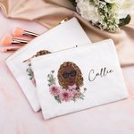 Personalized Multicolour Birth Flower Cartoon Character with Name Makeup Bag Travel Essentials Gift for Women Girls