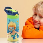 Personalized Marine Diving Stainless Steel Name Kid Water Bottle with Silicone Straw Beach Accessory Gift for Kid