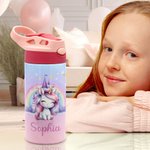 Personalised Fantasy Rainbow Unicorn Castle 12oz Insulated Kid Water Bottle with Handle and Silicone Straw Birthday Christmas Gift for Girls