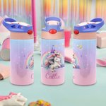 Personalised Fantasy Rainbow Unicorn Castle 12oz Insulated Kid Water Bottle with Handle and Silicone Straw Birthday Christmas Gift for Girls