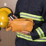 Personalized Waterproof Firefighter Helmet Axe PU Leather Toiletry Bag with Engraved Name Anniversary Birthday Gift for Men Firefighter