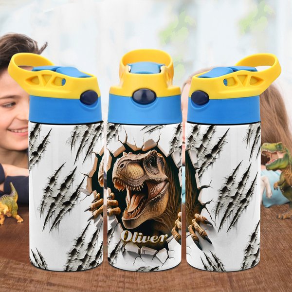Bouteille avec Paille Personnalisée avec Nom Motif Dinosaure Cadeau Anniversaire pour Enfant