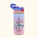 Personalised Fantasy Rainbow Unicorn Castle 12oz Insulated Kid Water Bottle with Handle and Silicone Straw Birthday Christmas Gift for Girls