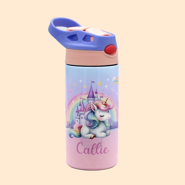 Personalised Fantasy Rainbow Unicorn Castle 12oz Insulated Kid Water Bottle with Handle and Silicone Straw Birthday Christmas Gift for Girls