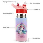 Personalised Fantasy Rainbow Unicorn Castle 12oz Insulated Kid Water Bottle with Handle and Silicone Straw Birthday Christmas Gift for Girls