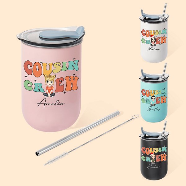 Personalised Colourful Letter Cousin Crew Cartoon 12oz Lowball Insulated Tumbler with Flip Lid and Straw Birthday Christmas Gift for Kids Family