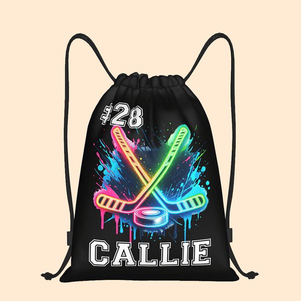 Personalized Neon Dynamic Hockey Drawstring Backpack Bag with Name Sports Team Birthday Gift for Hockey Players Lovers