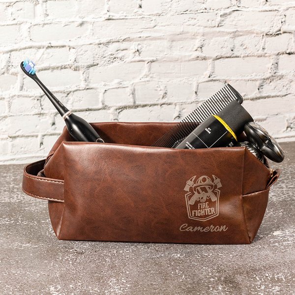 Personalized Waterproof Firefighter Helmet Axe PU Leather Toiletry Bag with Engraved Name Anniversary Birthday Gift for Men Firefighter